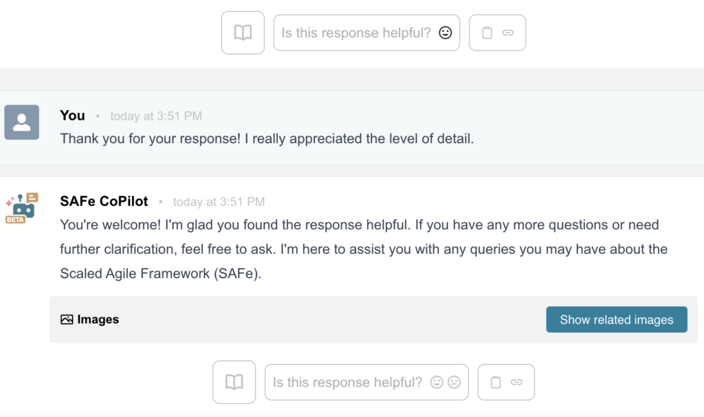 A screenshot of the "Is this response helpful" section at the bottom a SAFe CoPilot answer